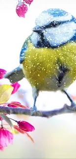 Colorful bird perched among vibrant spring blossoms.