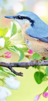 Colorful bird perched on a spring branch with flowers and green leaves.