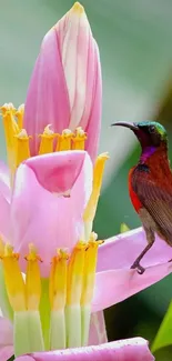 Colorful bird perched on vibrant pink flower.