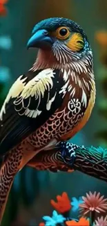 Vibrant bird sitting on a tropical branch with colorful flowers.