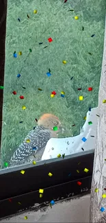 Bird perched on window sill amid confetti.