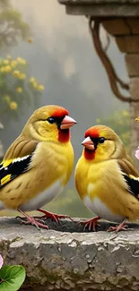 Vibrant birds perched among pink flowers on a stone ledge.