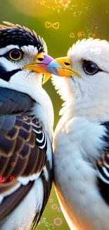 Two vibrant birds with detailed plumage against a warm yellow background.