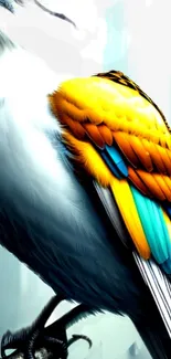 Vibrant bird with colorful blue, orange, and yellow feathers on wallpaper.