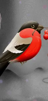 Artistic red and black bird with berries on a gray background wallpaper.