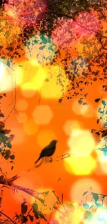 Bokeh bird wallpaper with vibrant orange and colorful light effects.