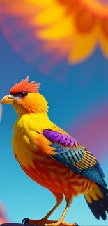 Colorful bird perched at sunset with vibrant yellow and orange hues.