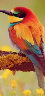 Vibrant bird with colorful feathers on a branch.