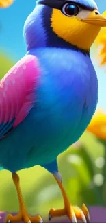 Vibrant blue bird with pink wings on floral background wallpaper.