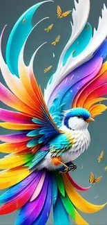 Colorful bird with vibrant feathers and butterflies in a vivid phone wallpaper.