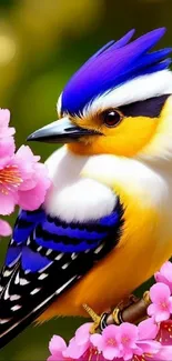 A vibrant blue and yellow bird perched among pink blossoms.