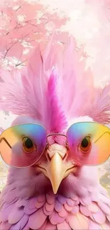 Vibrant pink bird with sunglasses on a pastel background.