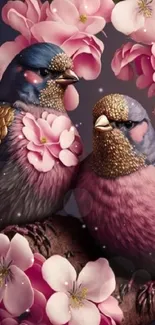 Two colorful birds among pink blossoms.