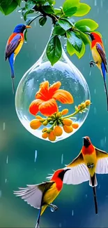 Colorful birds with glass flower orb.