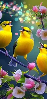 Colorful yellow birds with pink blossoms.