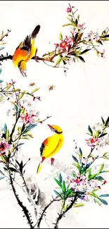 Vibrant birds with flowers in watercolor, Chinese art style wallpaper.