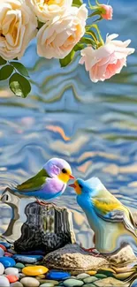 A colorful artistic illustration of birds and roses by a serene water scene.