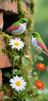 Colorful birds on a brick wall with flowers.