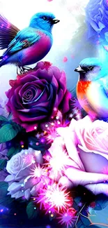 Two colorful birds and roses wallpaper with vibrant hues.