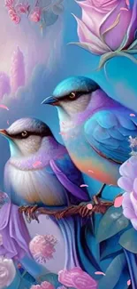 Colorful birds and roses wallpaper on phone.