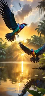 Colorful birds flying over sunset lake with palm trees.