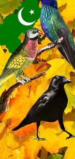 Colorful birds perched on vibrant autumn leaves with a green crescent flag.