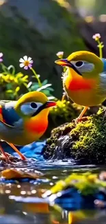 Two vibrant birds by a serene pond.