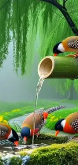 Colorful birds drink from bamboo in lush forest.