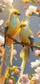 Two yellow birds perched on floral branches in vivid detail.