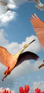 Vibrant birds flying over tulips under a blue sky.