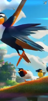 Vibrant animated birds in a fantasy landscape under a bright blue sky.