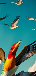 Vibrant birds flying against a clear sky