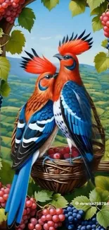 Vibrant birds perched in a nest surrounded by grapes and lush greenery.