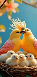 Two vibrant yellow birds in a nest with chicks