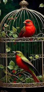 Two vibrant birds in an ornate cage with lush greenery and red flowers.