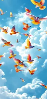 Birds flying in a vibrant blue sky with clouds.