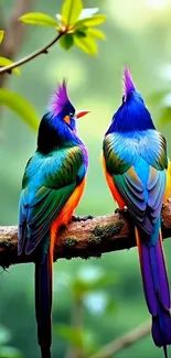 Two vibrant birds perched on a branch with a lush green background.