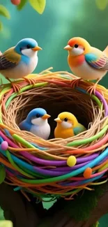 Colorful illustration of birds in a nest.