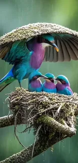 Colorful birds sheltered on a nest in the rain.