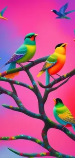 Colorful birds perched on branches with a vibrant gradient background.