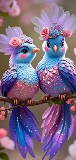 Two vibrant, colorful birds adorned with flowers on a blooming branch.