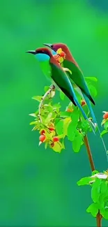 Two colorful birds perch on a leafy branch with a vibrant green background.