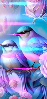 Two vibrant blue birds with pink flowers on a lush background.