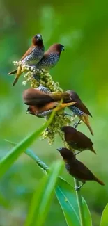 Vibrant birds perched on a green branch.