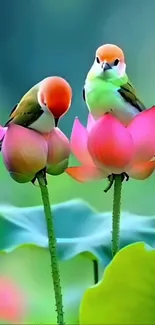 Two vibrant birds perched on lotus blossoms with green background.