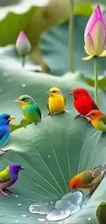 Vibrant colorful birds sit on a large lotus leaf.
