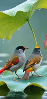 Two colorful birds resting on lotus leaves with a serene green background.