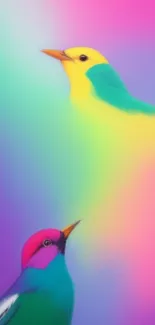 Colorful birds with pink, green, and yellow gradient background.