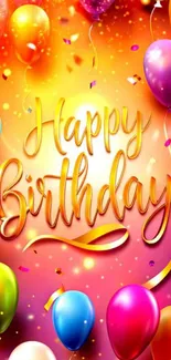 Vibrant birthday wallpaper with colorful balloons and confetti.