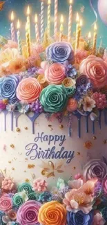 Colorful birthday cake with flowers and candles.